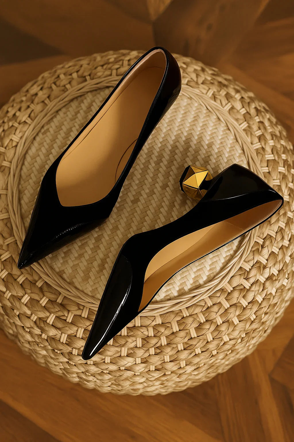 Sapato de Couro Luisa – Bico Fino, Salto Dourado e Design Sofisticado.