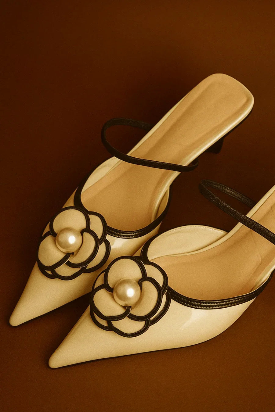 Scarpin Flor de Couro – Salto Médio, Bico Fino e Elegância Clássica.